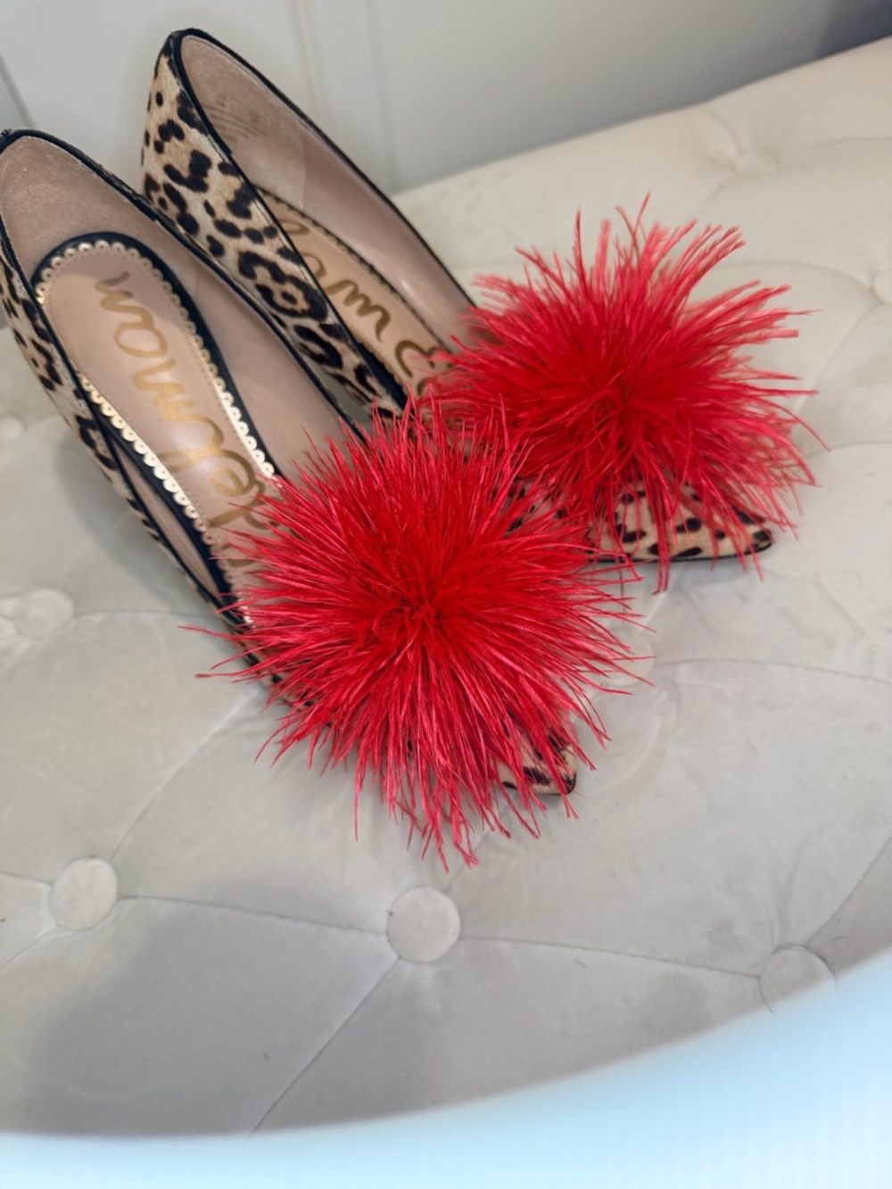 Sam Edelman Leopard Print Pumps with Red Feather Poms